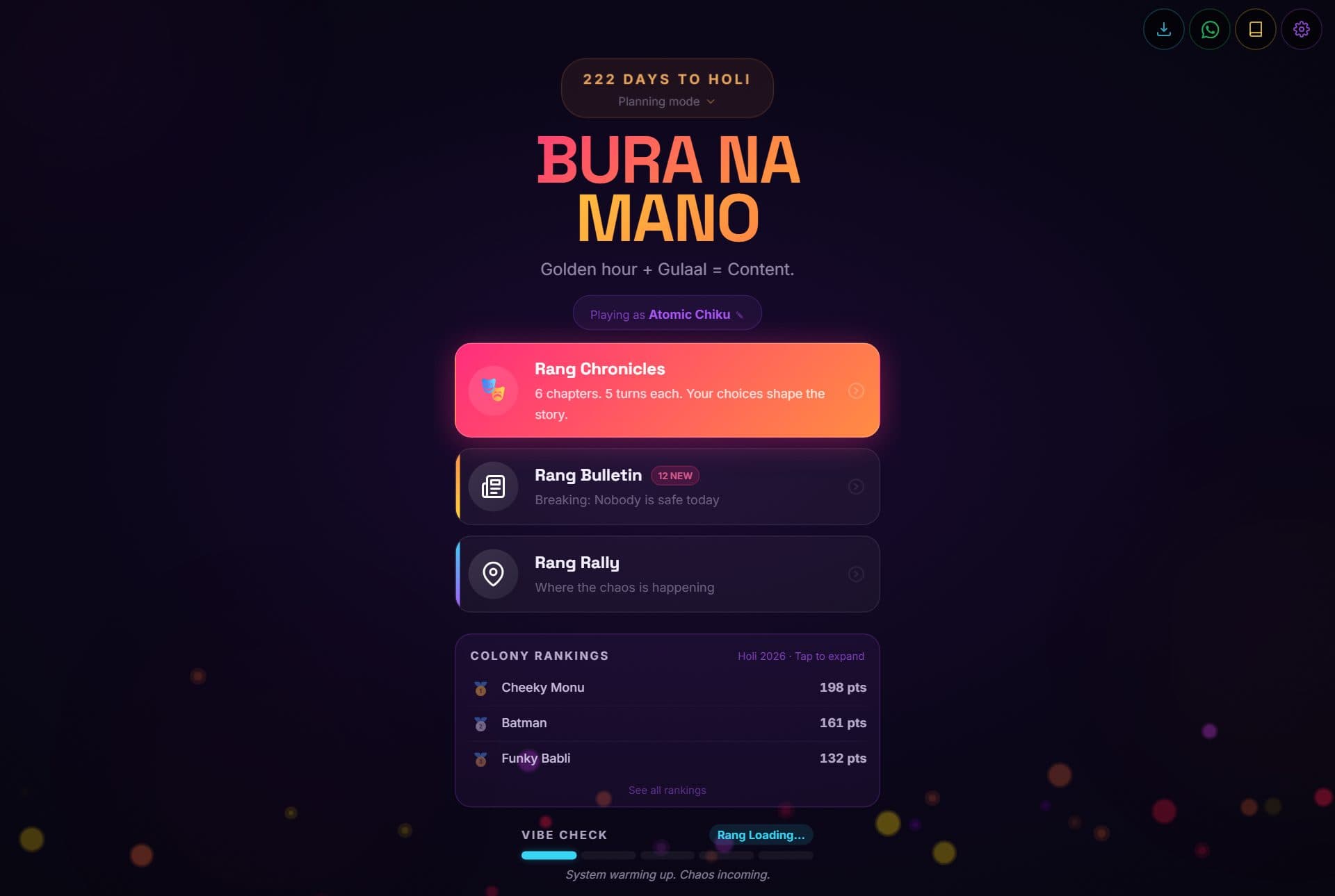 Bura Na Mano home screen showing the Holi countdown, story chapters, bulletin and colony rankings.