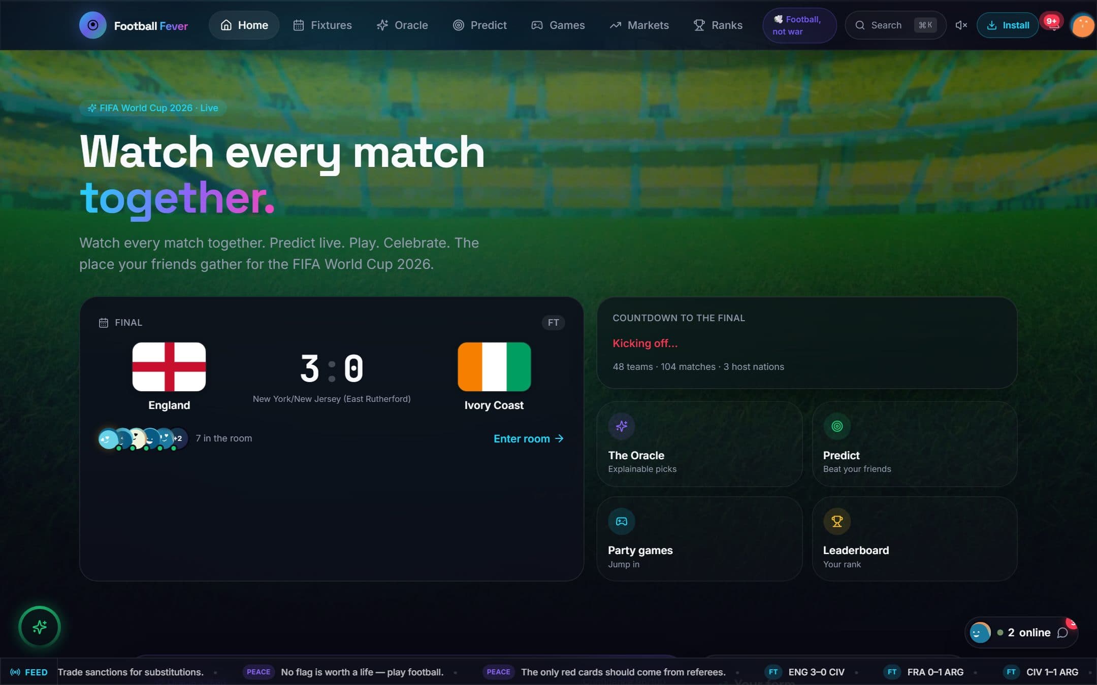 Football Fever home screen showing a match room with people present, alongside Oracle, predictions, party games and leaderboard entry points.