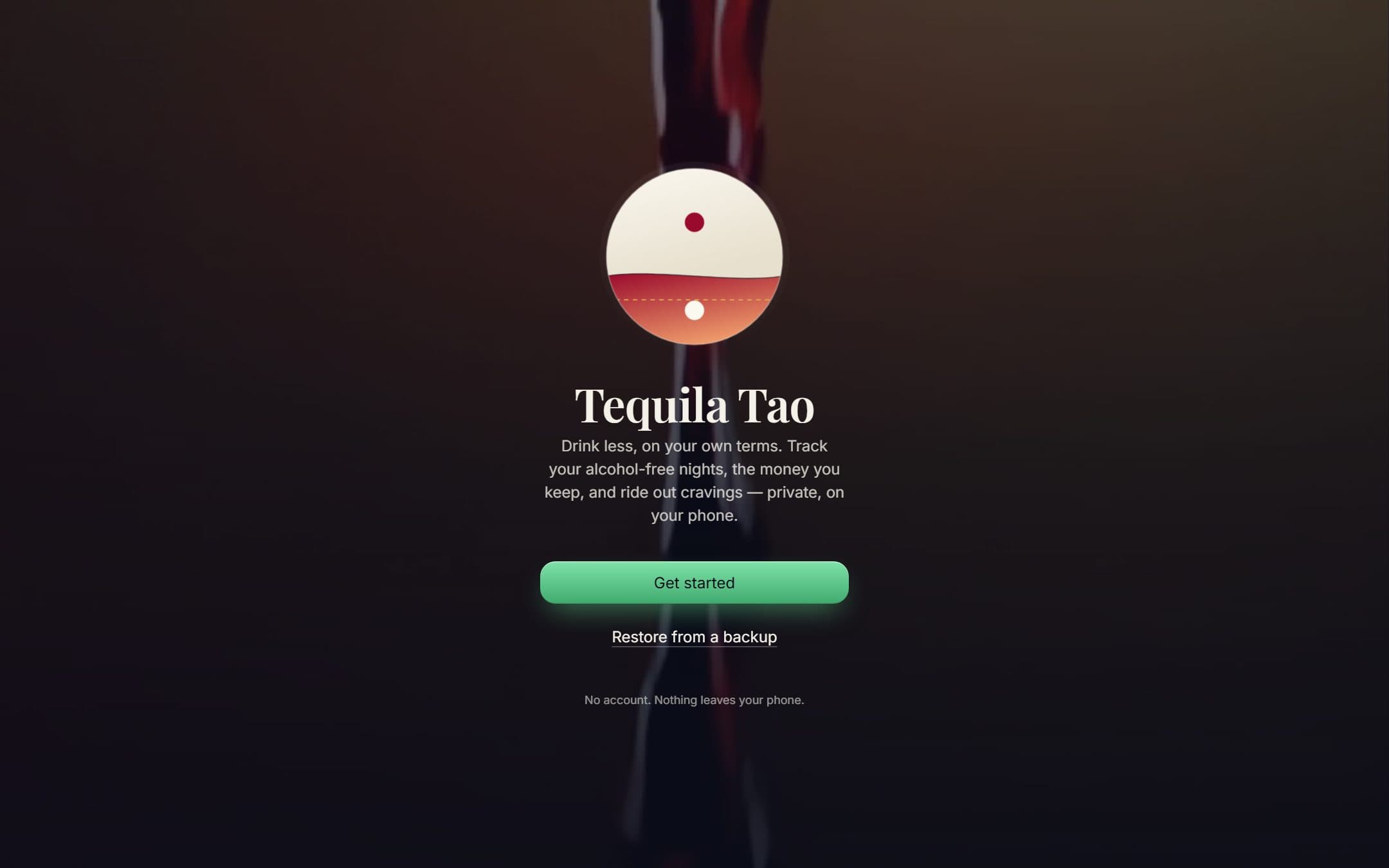 Tequila Tao opening screen: the product mark, a one-line description and a get started action.