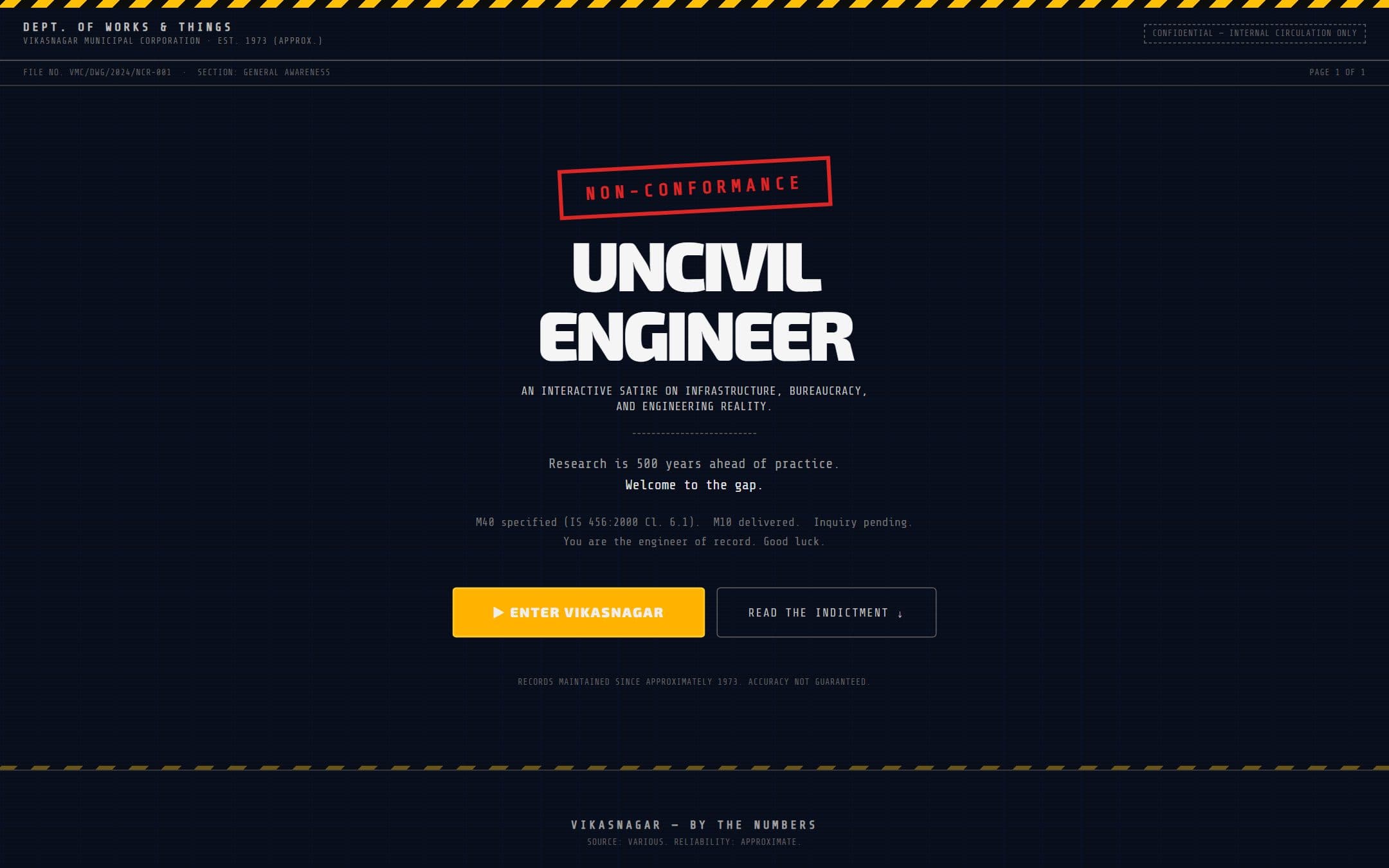 Uncivil Engineer title screen styled as a municipal non-conformance record.